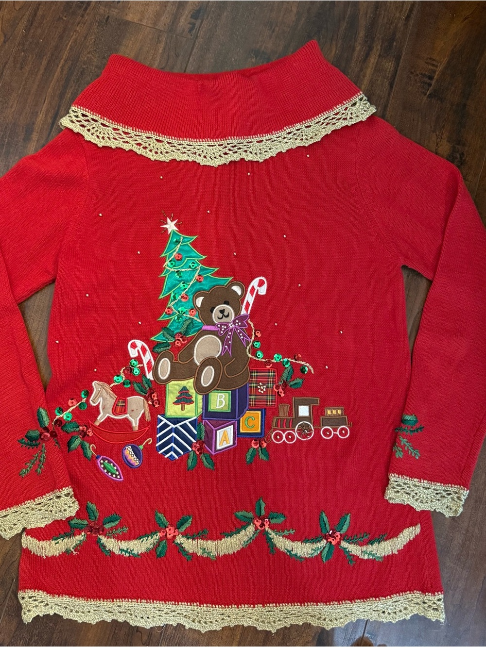 VTG KIKIT Christmas Sweater Red Lace Embroidered Toy Teddy Bear Tree Womens S